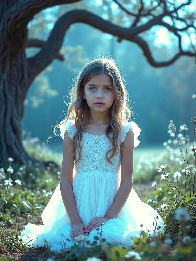 Girl with Runes in Dying Garden: Realistic Cinematic Style