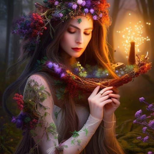 Enchanting Herbal Witch in a Magical Forest