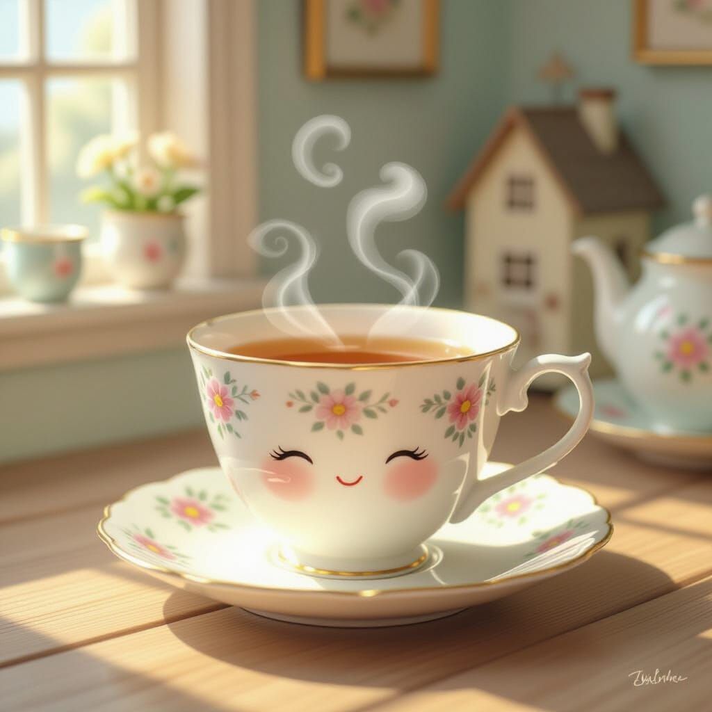 Whimsical Floral Teacup with Smiling Saucer in Cozy Cottage