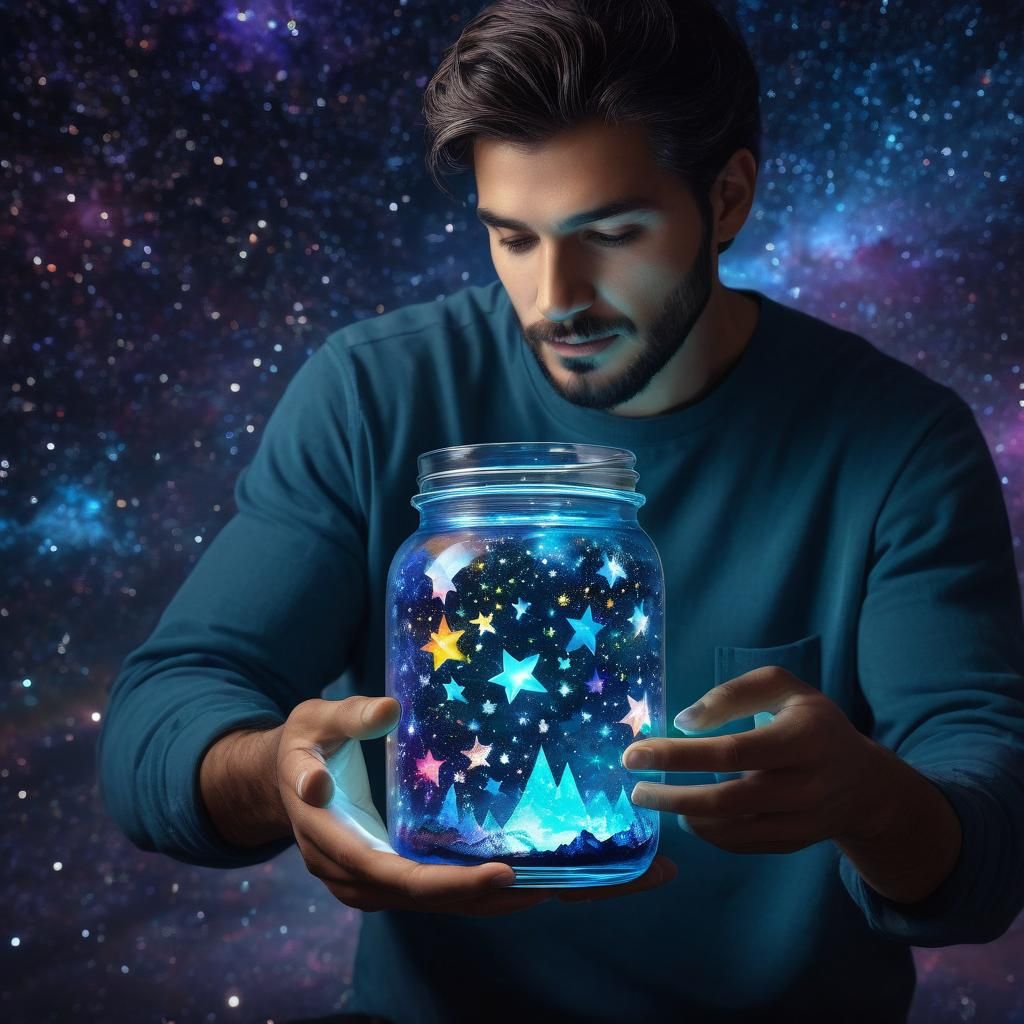 Man Collects Cosmic Stars in Jar: Holographic Illustration