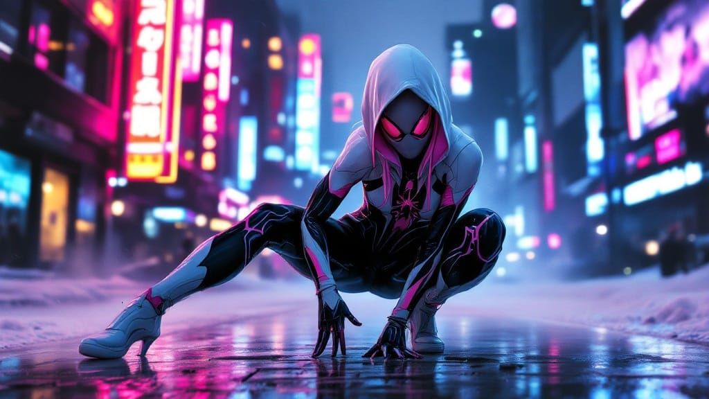 Gwen's Neon Fueled Acrobatics in Moebius Inspired Cityscape