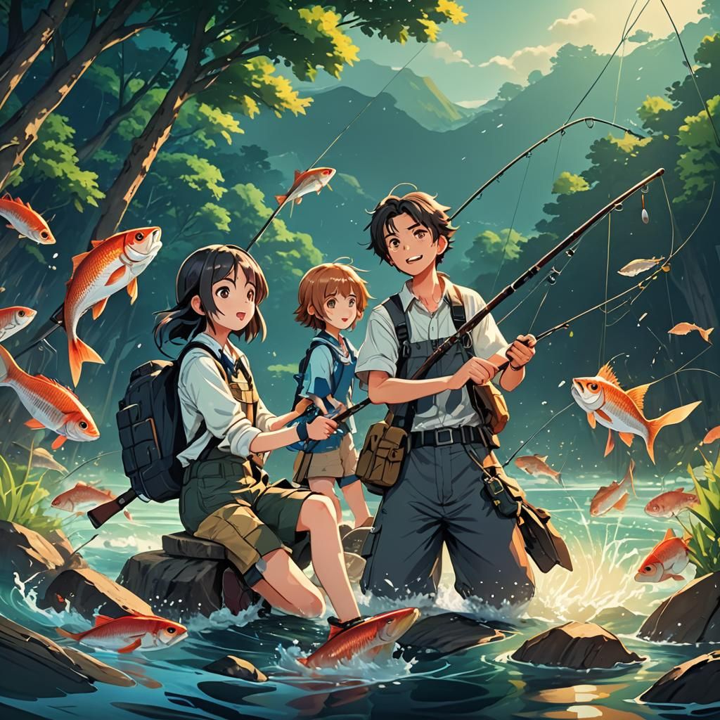 Anime Fishing Frenzy in Cel-Shaded Style