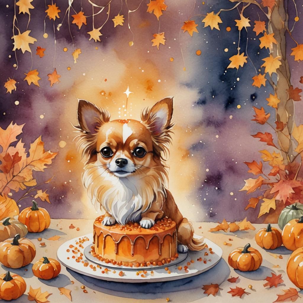 Whimsical Chihuahua and Pumpkin Cake Watercolor