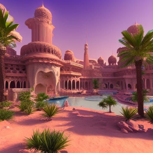Dream Oasis Palace in Desert: Matte Painting