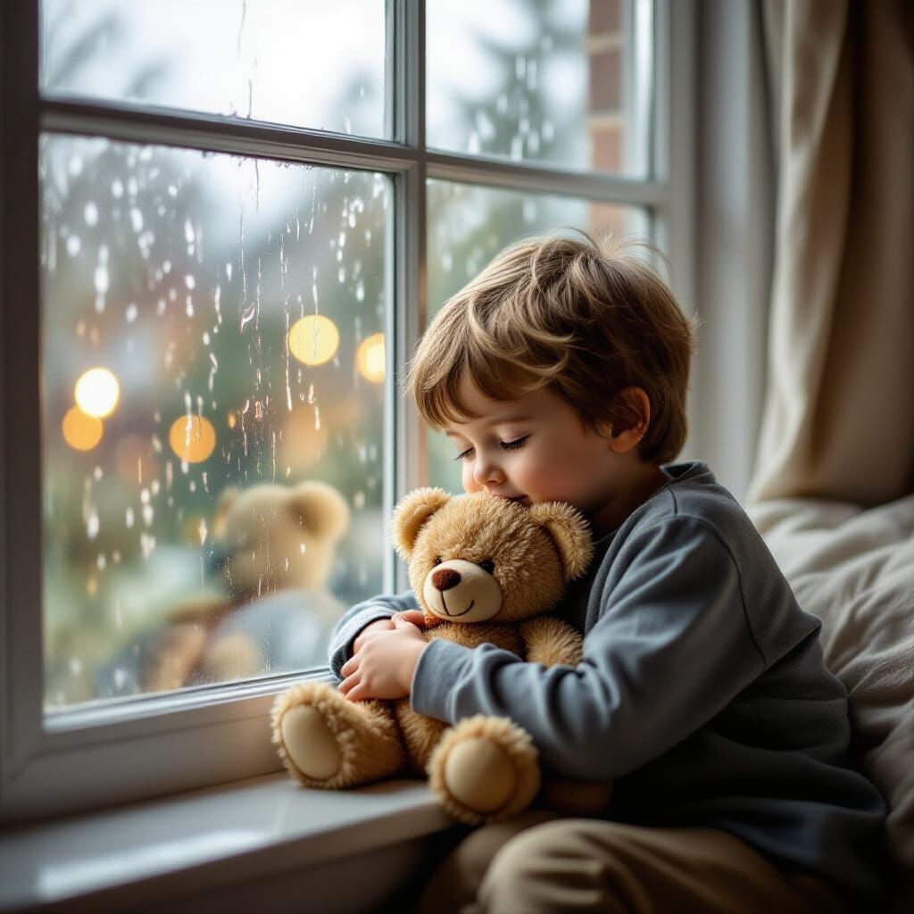 Young Boy Hugs Teddy Bear by Rainy Window