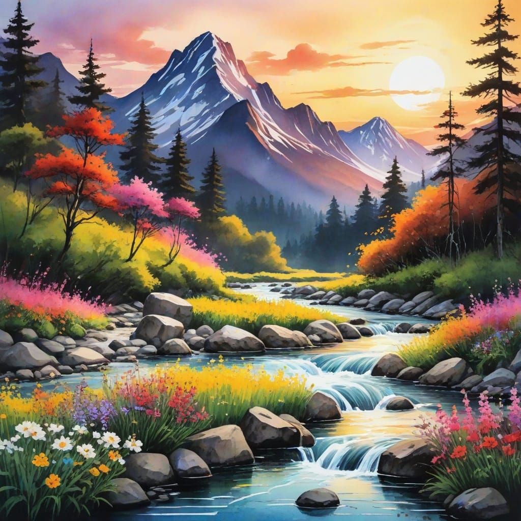 Vibrant Mountain River at Sunset with Wildflowers