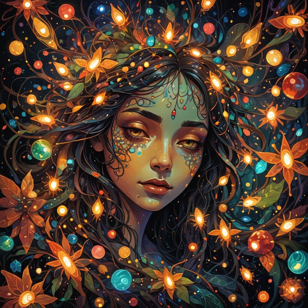 Psychedelic Fireflies in a Surrealist Christmas Scene