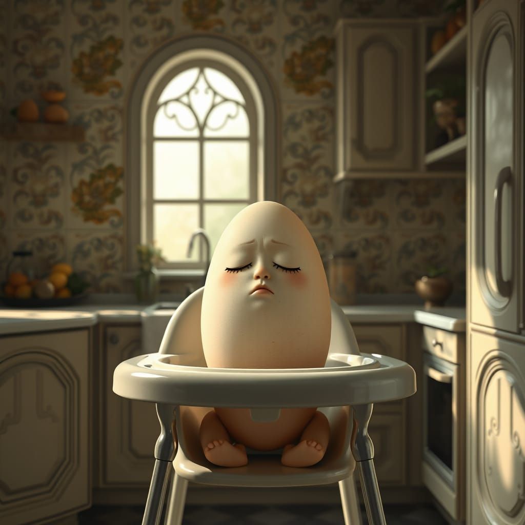 Sad Baby Egg in Art Nouveau Kitchen
