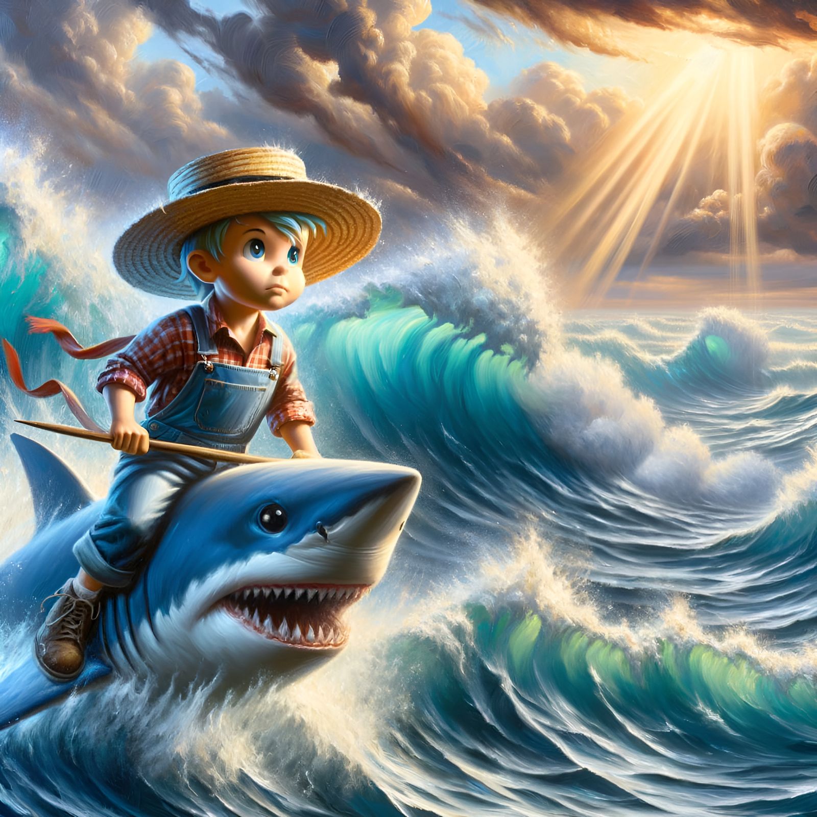 Cartoon Huckleberry Finn Rides Shark: Oil Painting