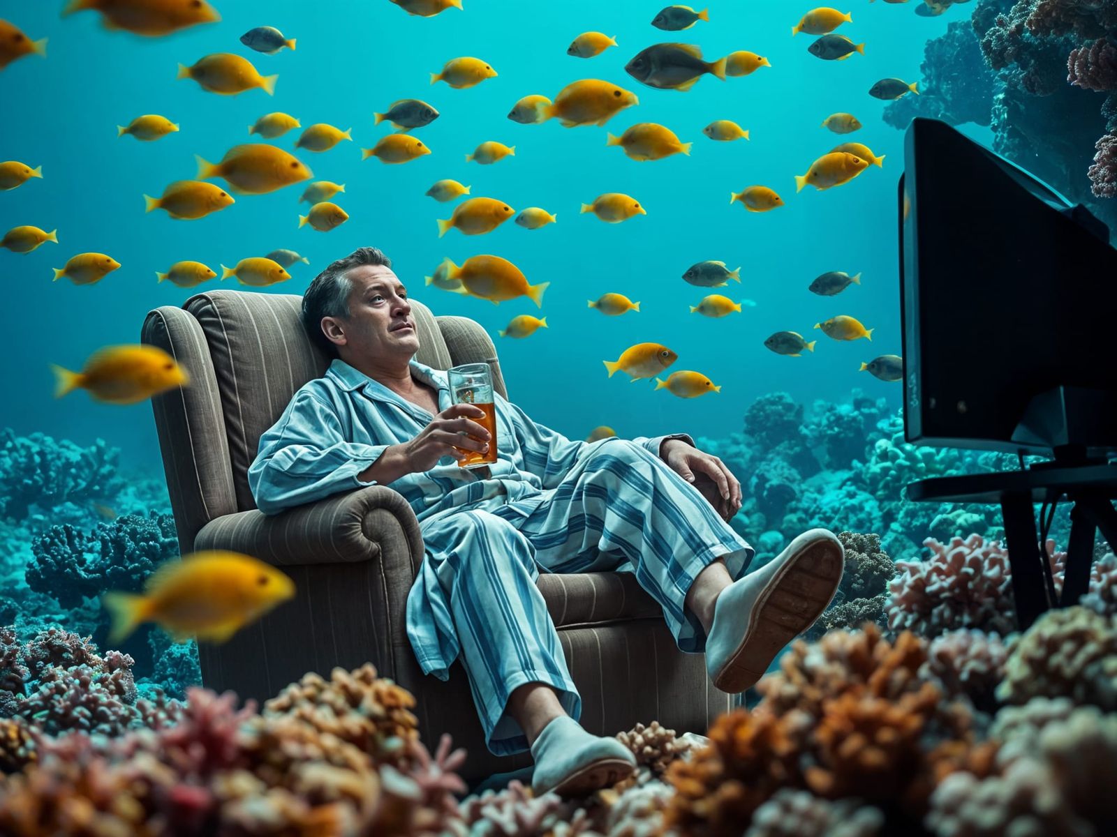 Man Watches Soccer in Coral Reef