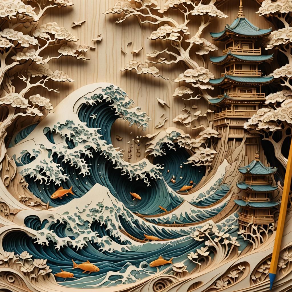 Microphotography of Hokusai Wave Wood Carving