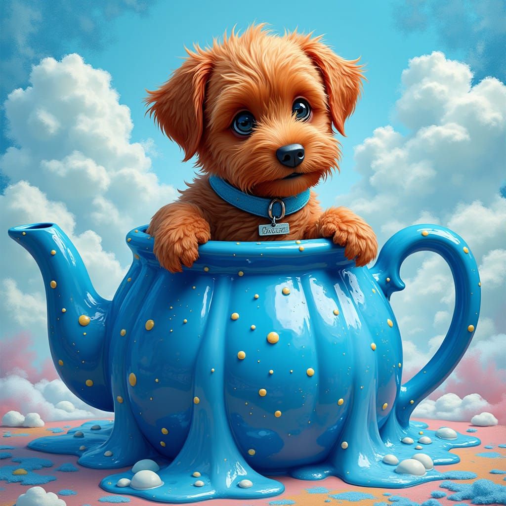 Adorable Red Heeler Puppy in Vibrant Blue Teapot