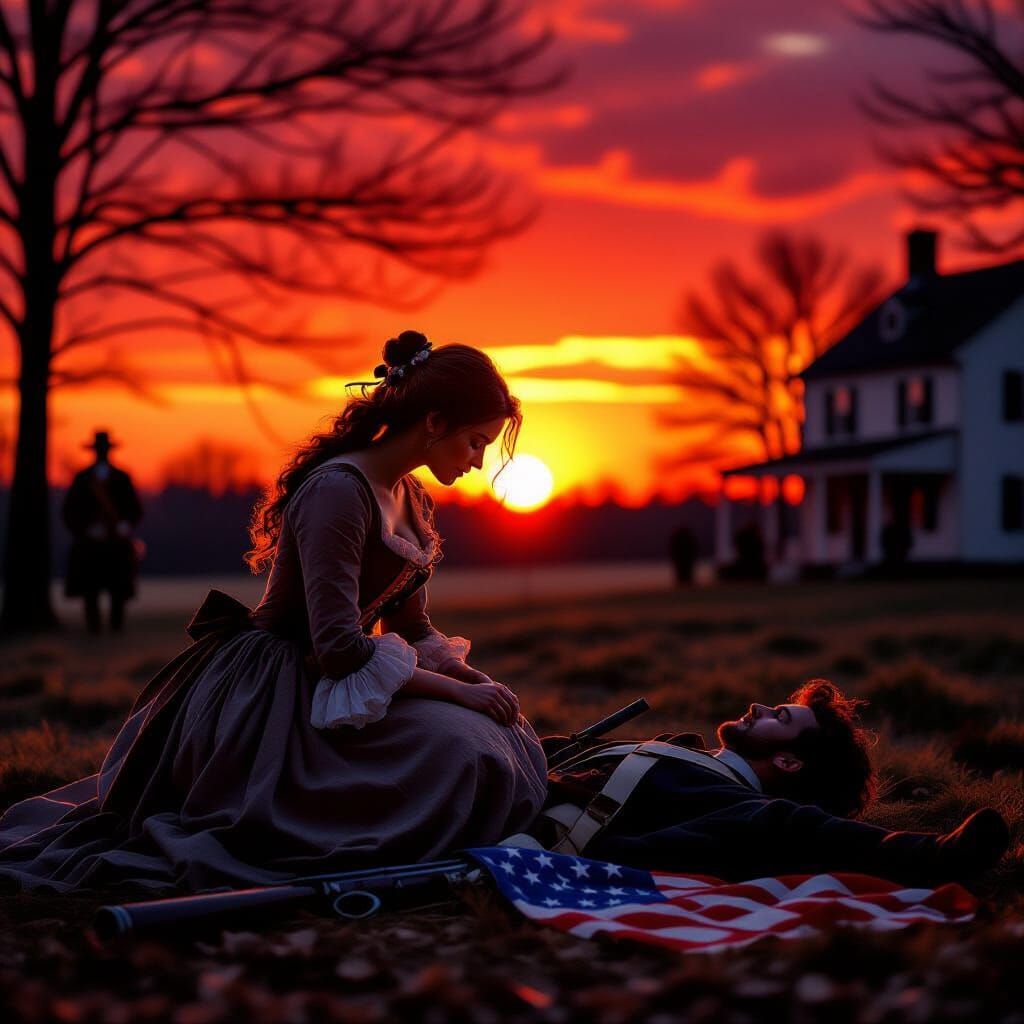 Emotional American Revolution Scene at Sunset