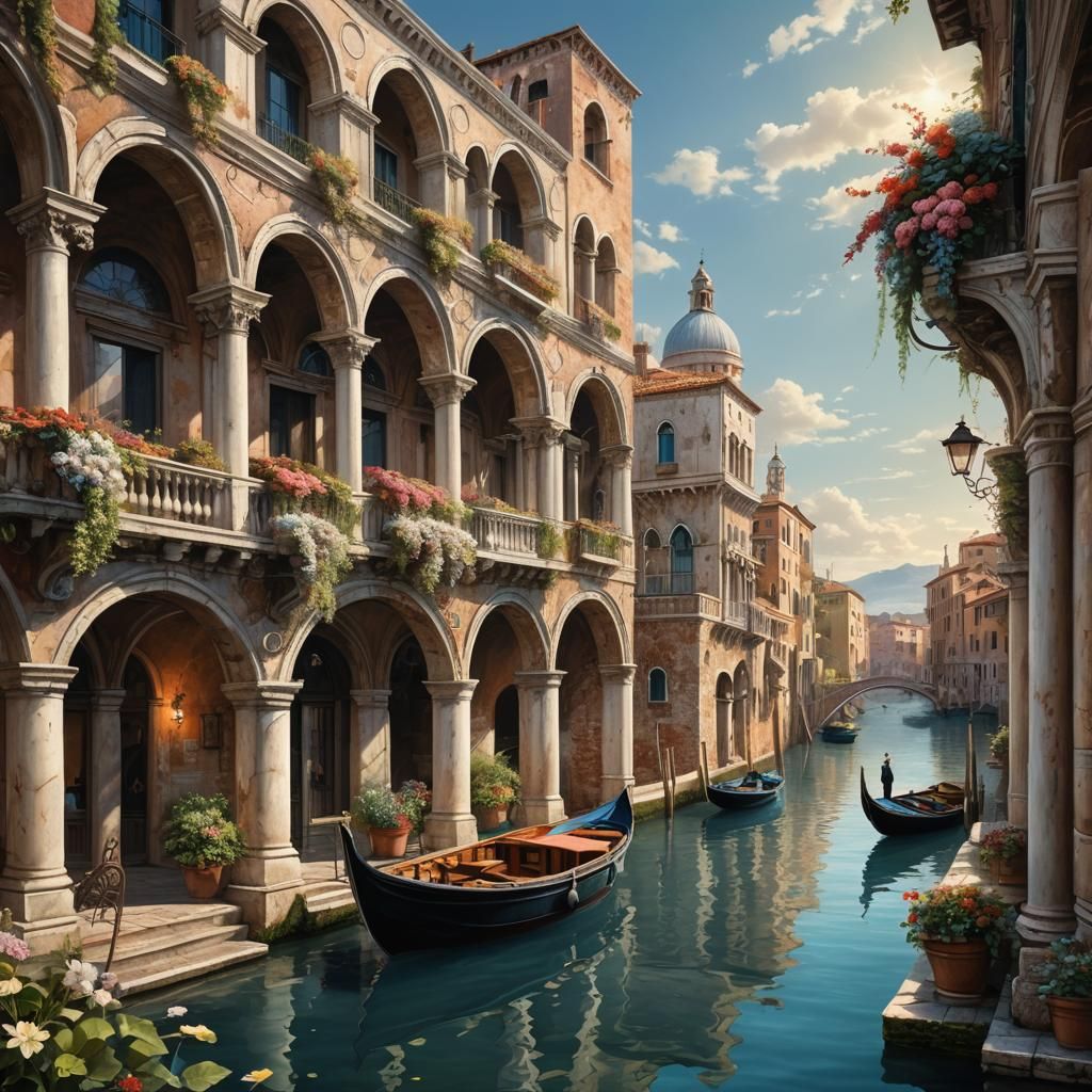 Venetian Boat on Lake with Renaissance Architecture