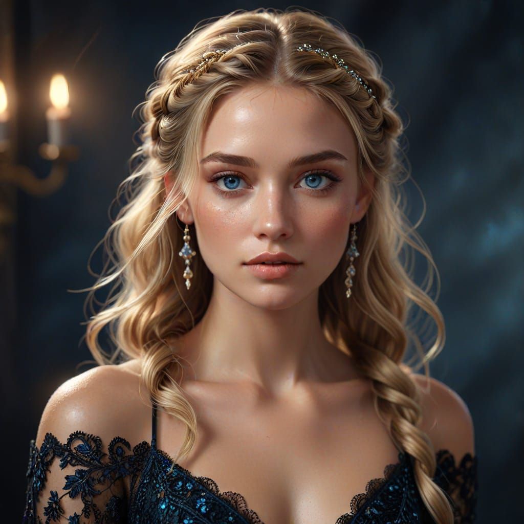 Elegant Young Woman in Red Gown, Oil Painting Style