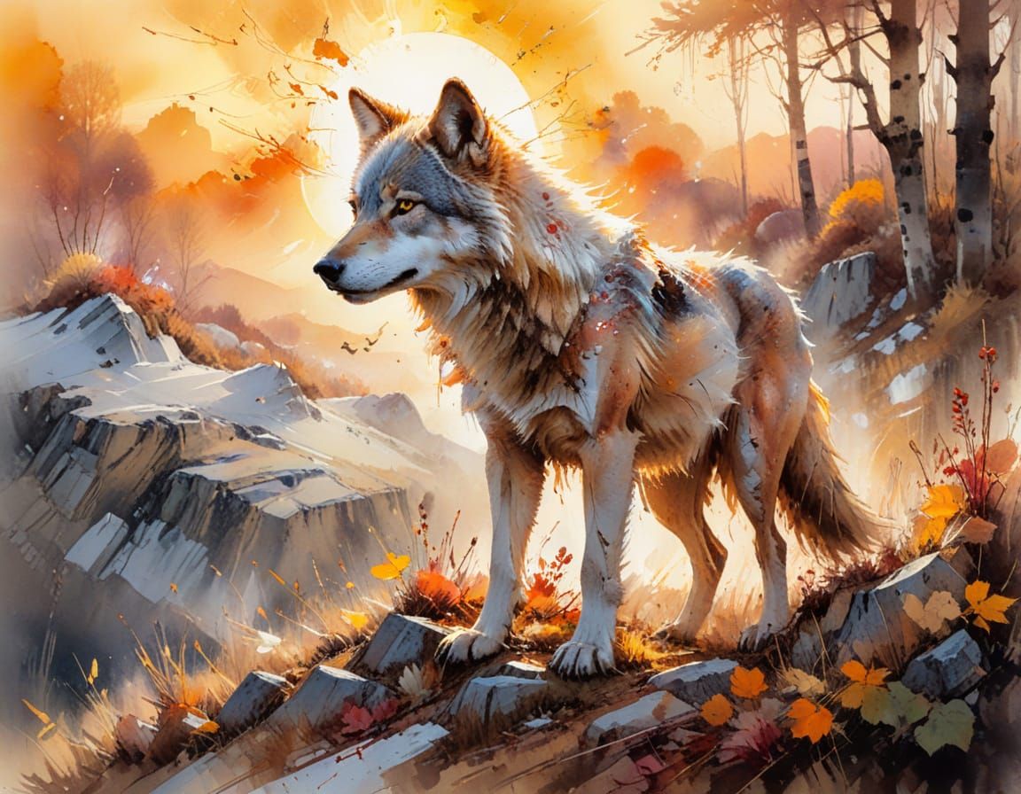 Spring Wolf on Autumn Ridge: Watercolour Style