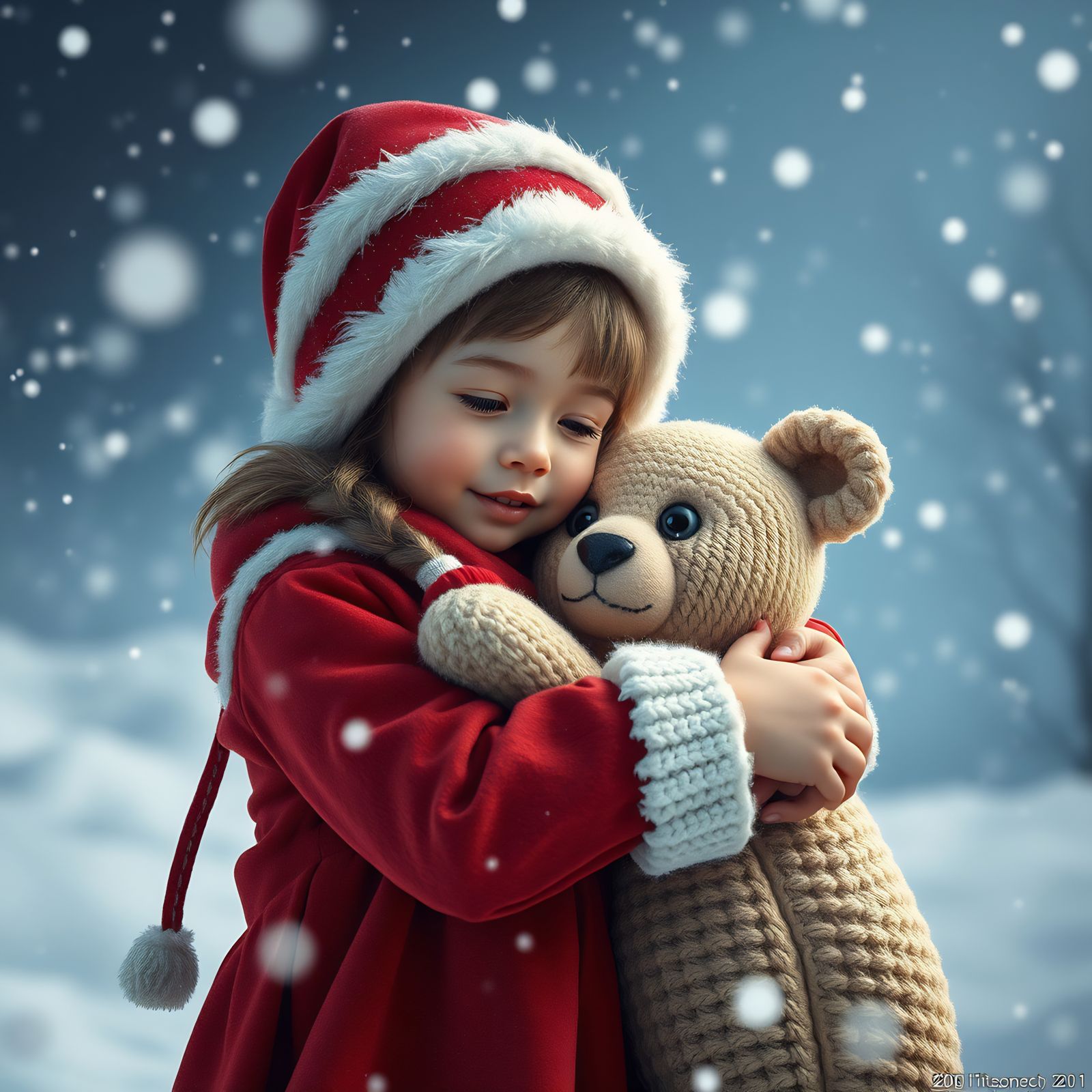 Christmas Girl with Teddy Bear in Snow