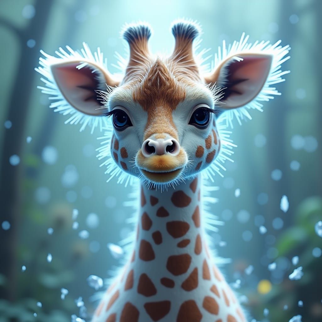 Hyper realistic cute adorable fluffy circuit giraffe, on a african dschungel crystal glass-like, surrealist, white glow,...