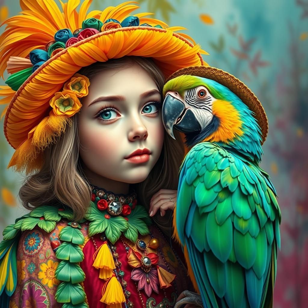 Girl and Parrot in Colorful Costumes, Abstract Art