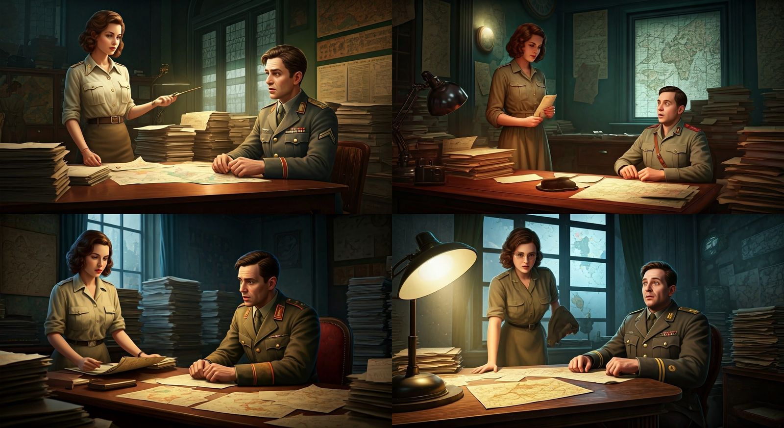 1940s Information Agency Office with Determined Woman and Co...