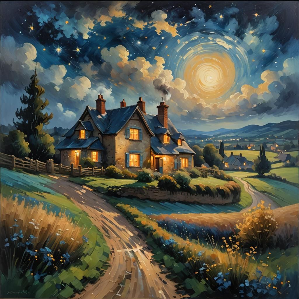 Impressionist Cottage Under a Starry Zaffre Sky