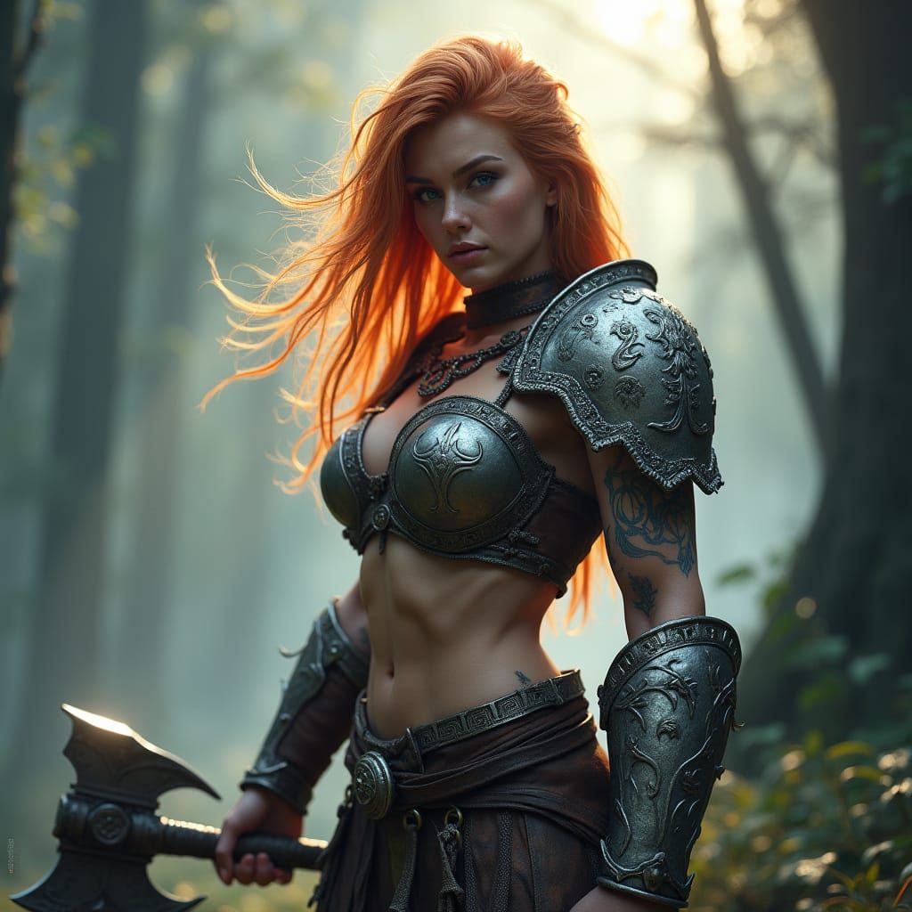 Majestic Mountain Dwarf Barbarian in Misty Forest, Cyberpunk...