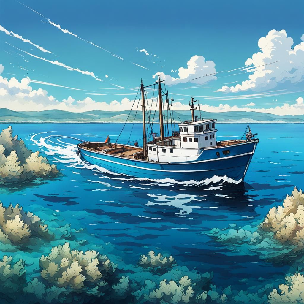 Fishing Boat on Adriatic Sea in Anime Style