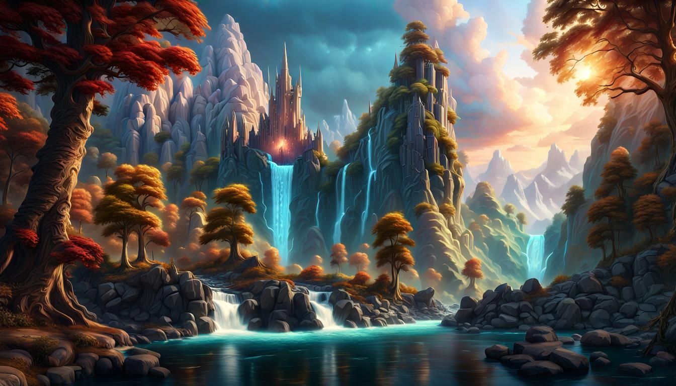 Magical Landscape with Crystal Spires and Griffons