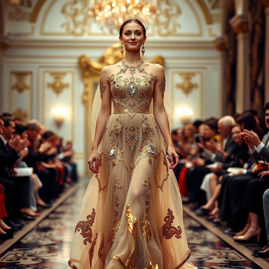 Glamorous Indian-Inspired Fashion Model on Runway in Palace ...