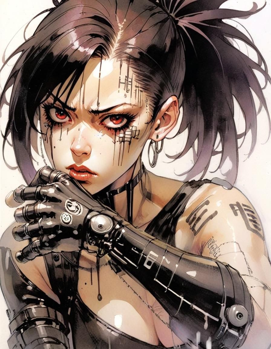 Furious Cyberpunk Woman in Ink by Ashley Wood Style