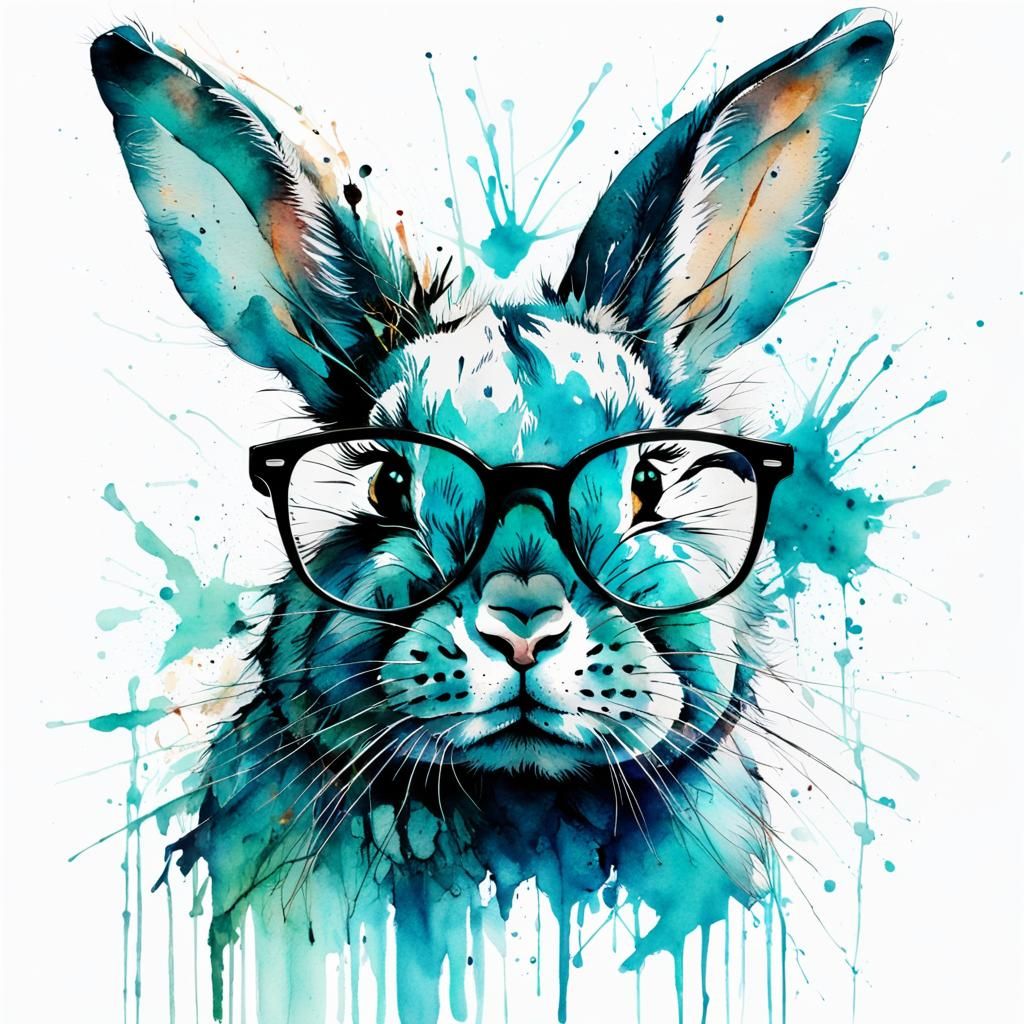 Cyan Bunny with Glasses in Watercolor Style