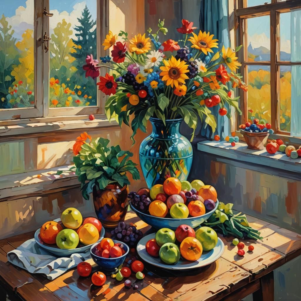 Expressionist Still Life with Flowers and Fruits