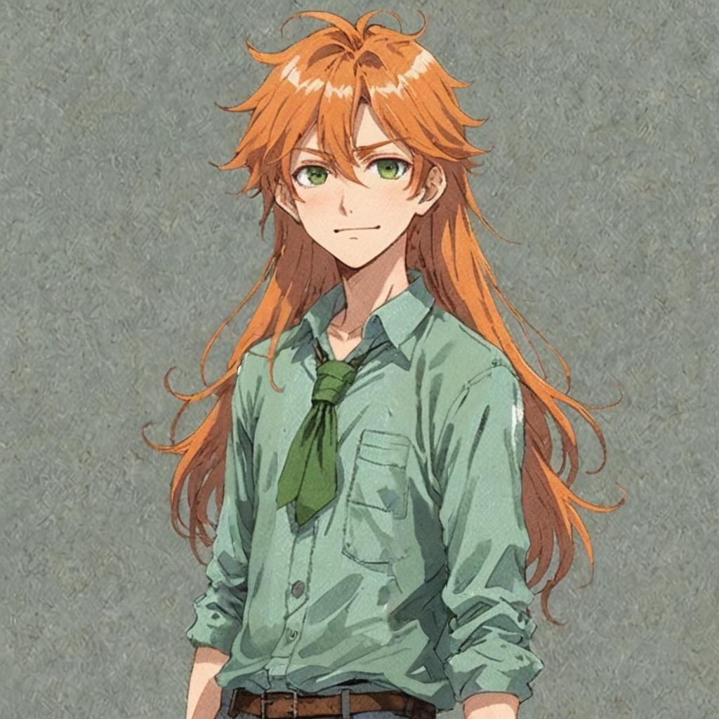 A boy with very long, fluffy, messy orange hair. He is also ...