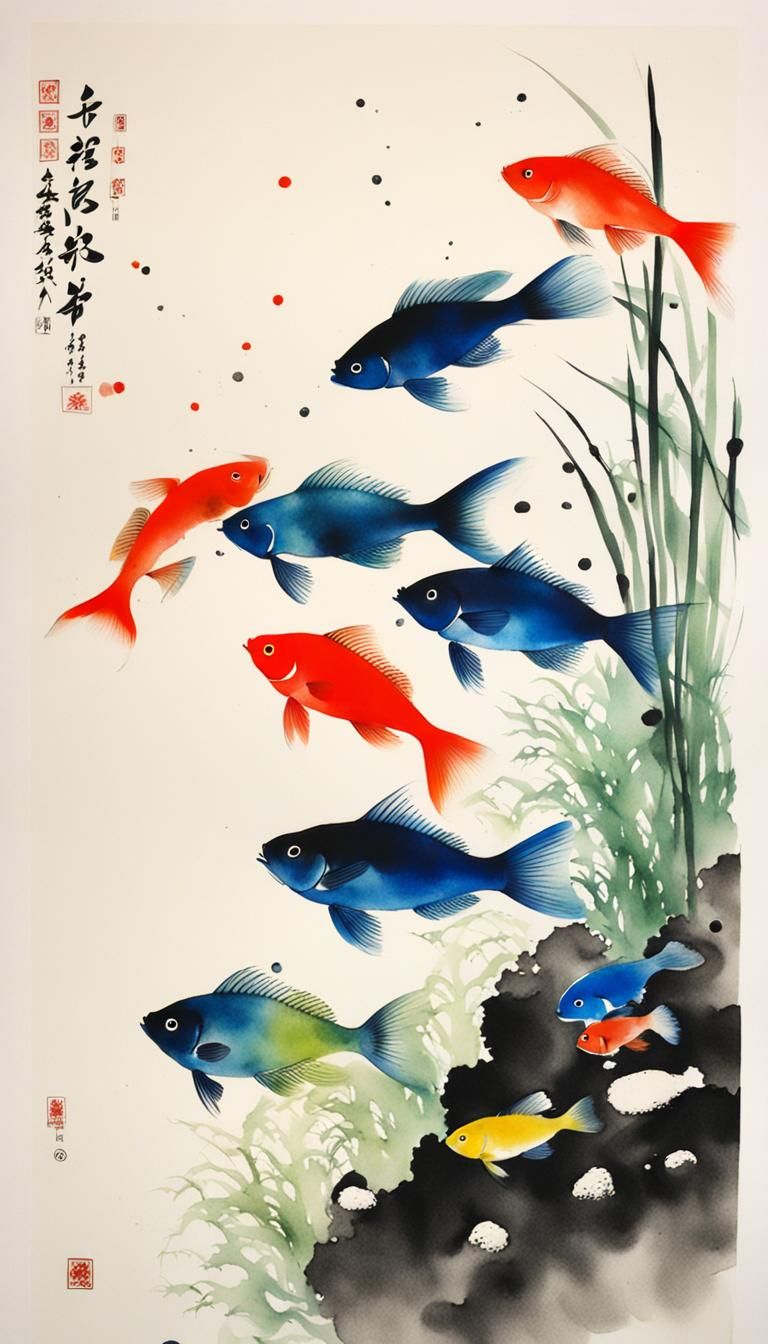 Minimalist Chinese Ink Painting of Colorful Fish