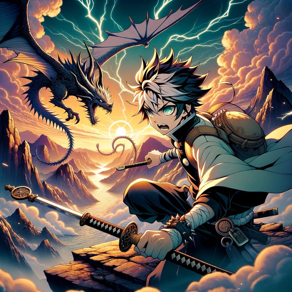 Anime Hero Battles Dragon on Mountain in Cel-Shaded Style