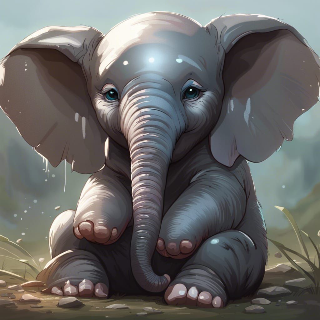Crying Baby Elephant Portrait in Detailed Splash Art