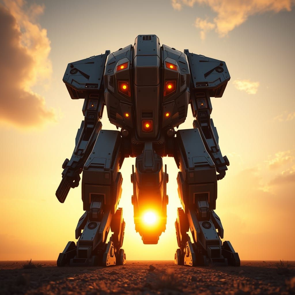 Majestic Sci-Fi Mech Basks in Sunset Glory