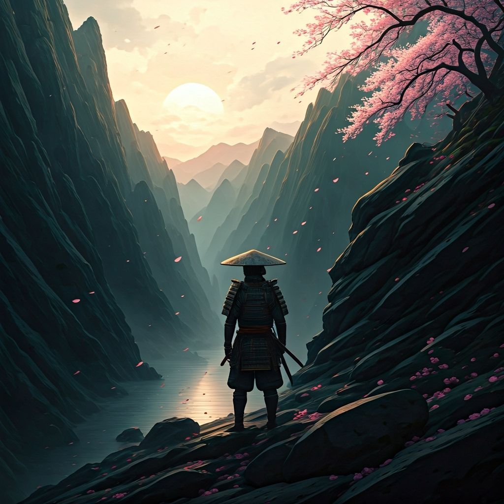 Samurai on Windswept Cliff with Cherry Blossoms