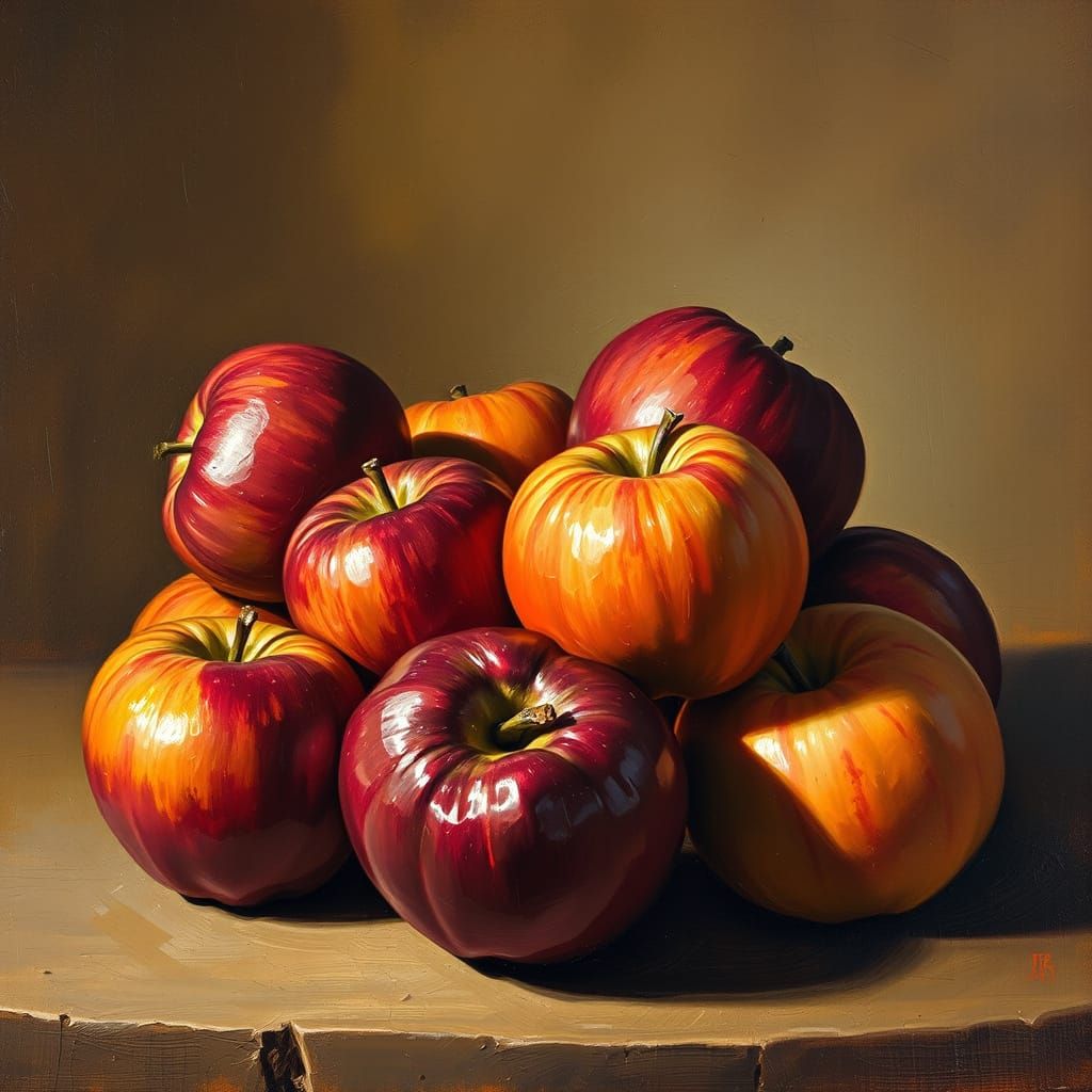 Impasto Oil Painting of Overlapping Apples in Vivid Colors