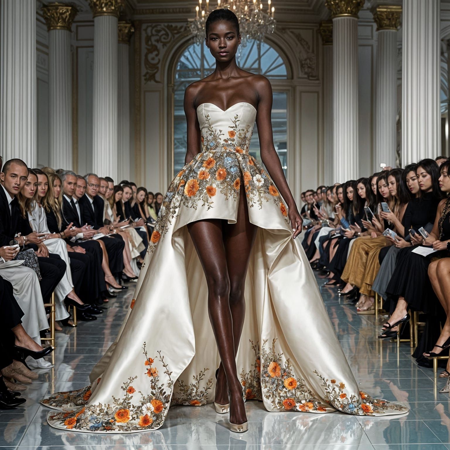 Black Woman on Catwalk in Floral Couture
