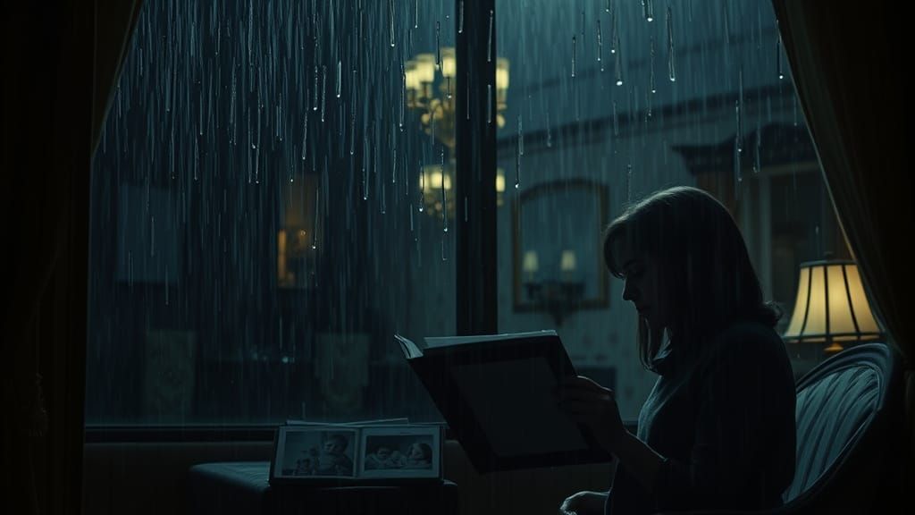 Sad Couple Reminiscing Over Baby Album in Rain