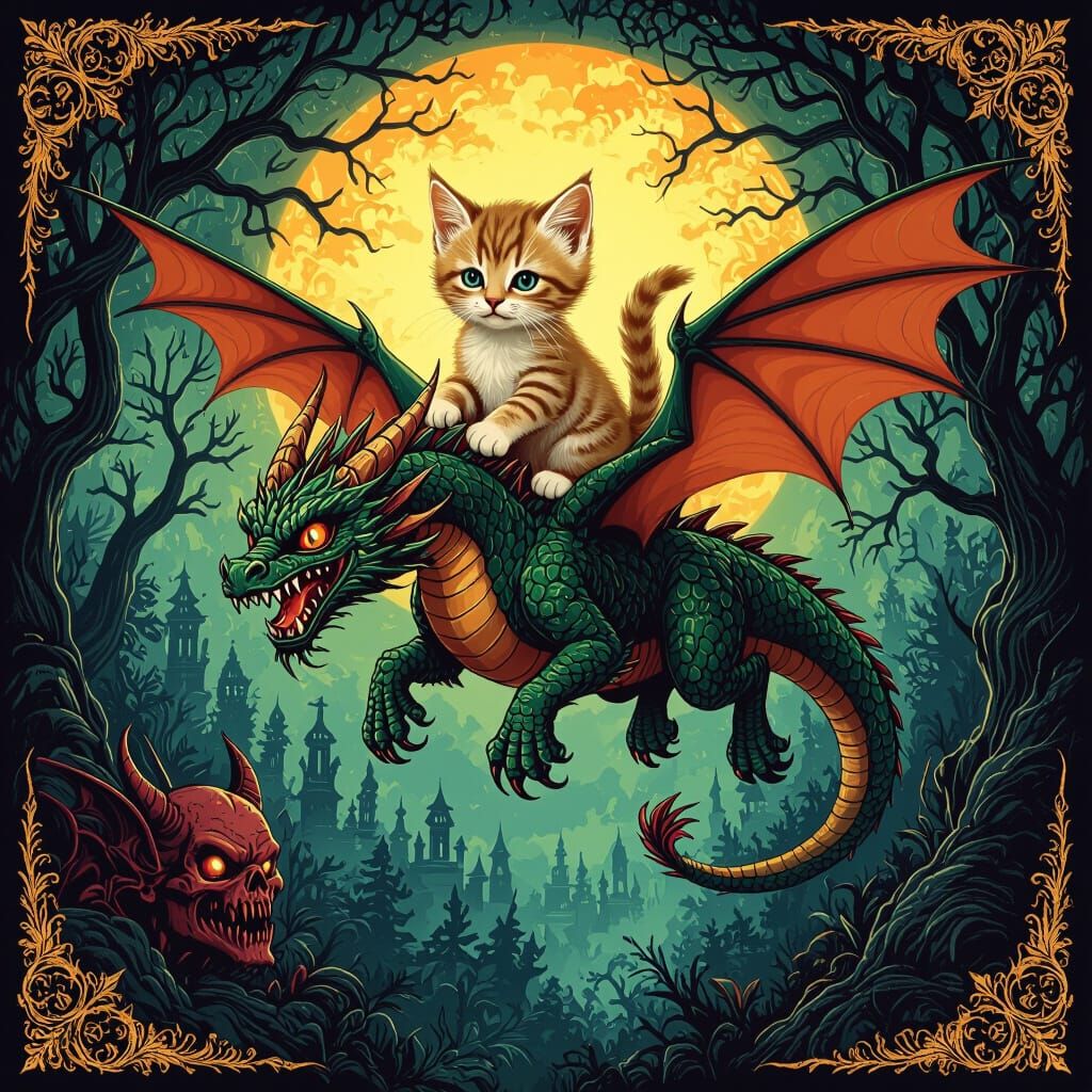 Kitten on Dragon in Demonic Forest Illustration