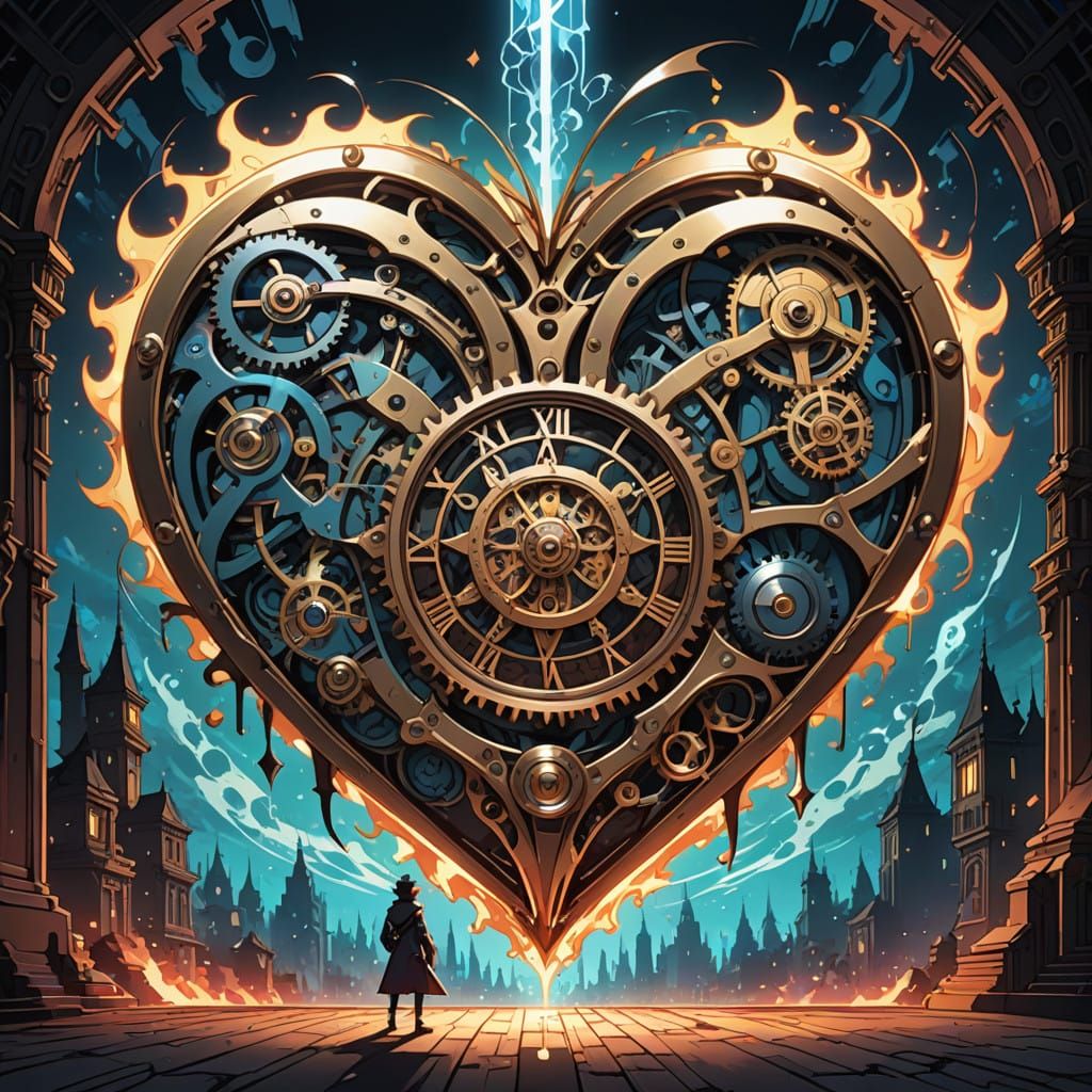 Majestic Manga-Style Clockwork Heart in Vibrant Anime Aesthe...