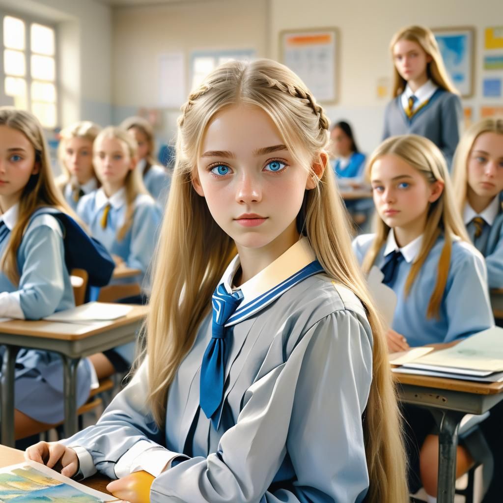 Girl in Classroom, Whimsical Fantasy Style Painting