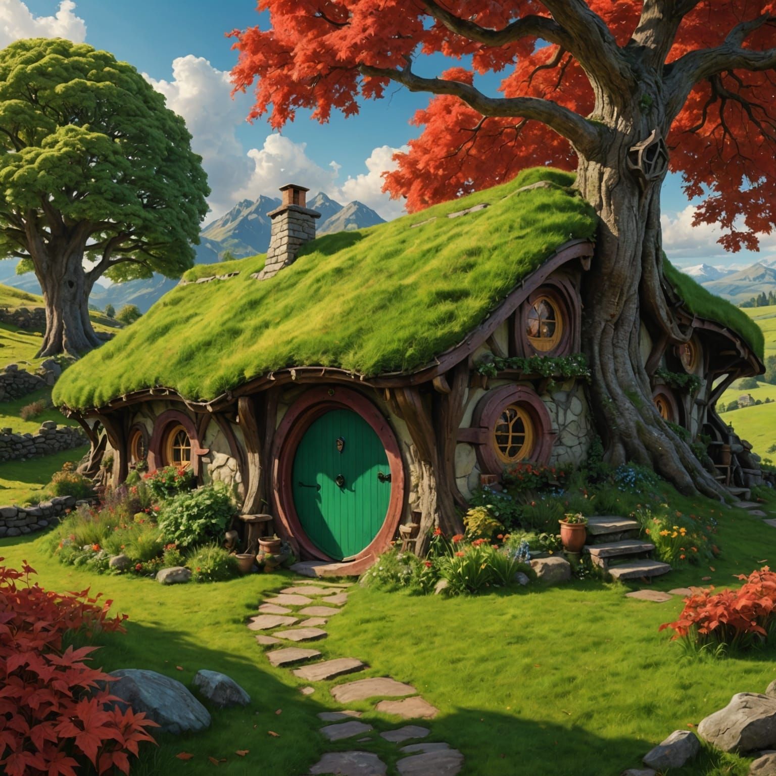 Hobbit House in Shire with Green Door, Digital Painting