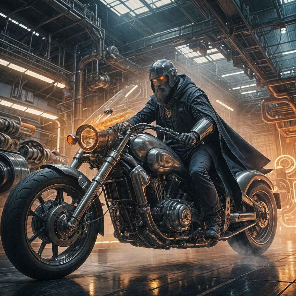Wizard on Motorcycle in Industrial Plant