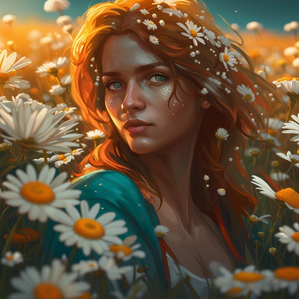 Woman in Chamomile Field, Hyperdetailed Concept Art