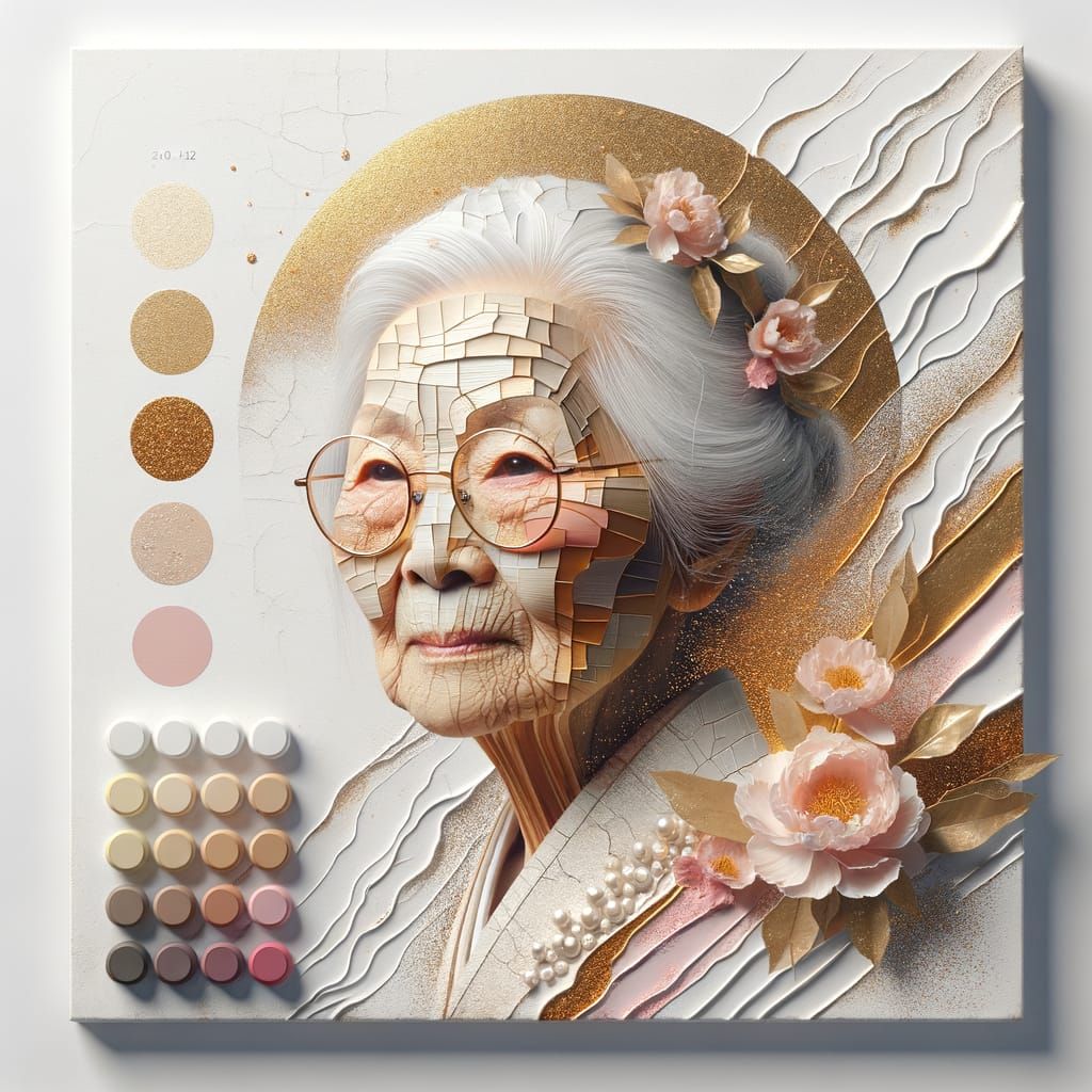 Minimalist Gold Collage of Elderly Asian Woman
