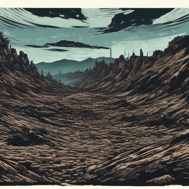 Linocut of a Devastated Wasteland