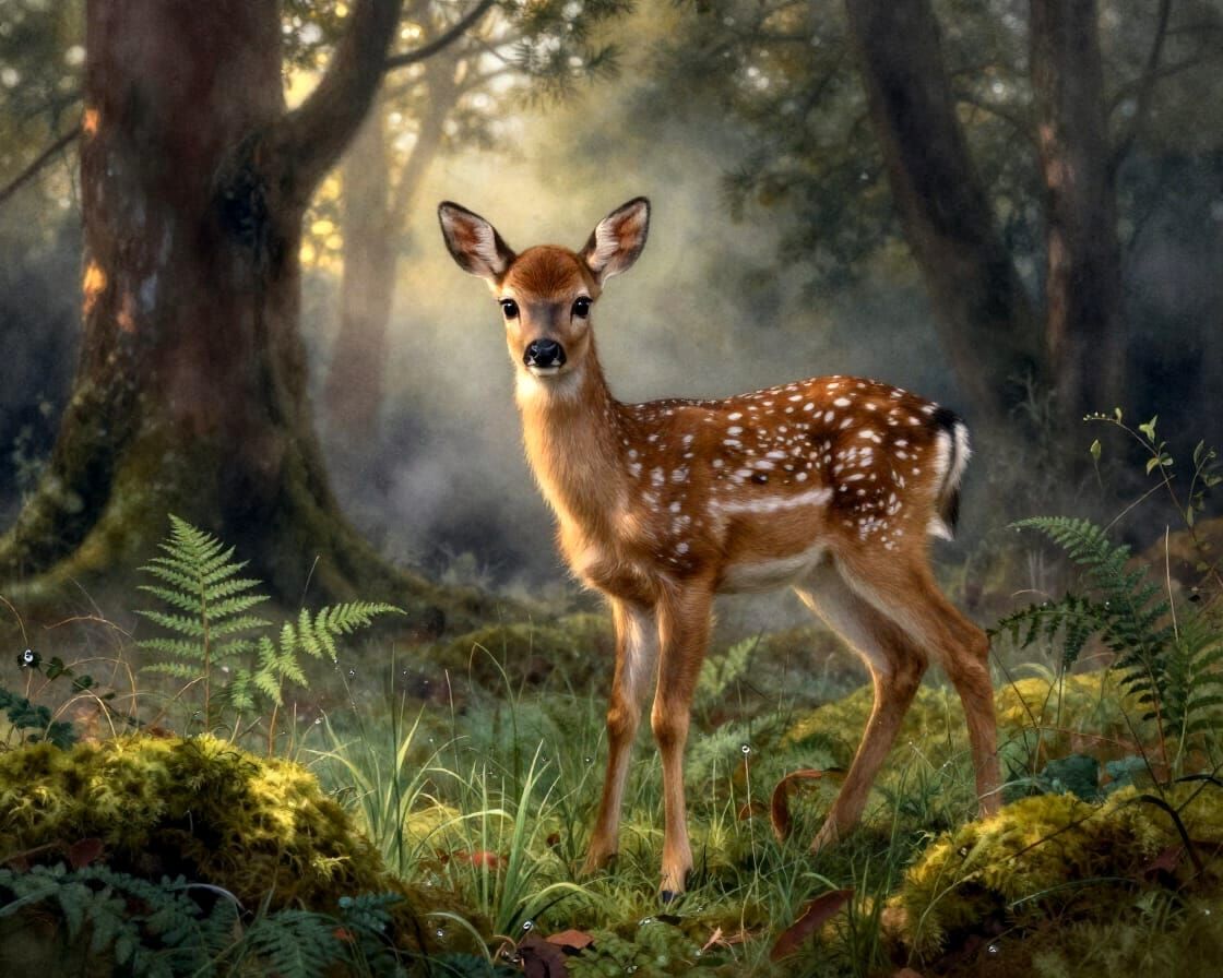 Fawn in Sunlit Forest Glade at Dawn